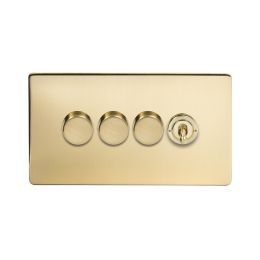 Soho Lighting Brushed Brass 4 Gang Switch with 3 Dimmers (3x150W LED Dimmer 1x20A 2 Way Toggle)
