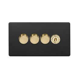Soho Fusion Matt Black & Brushed Brass 4 Gang Switch with 3 Dimmers (3x150W LED Dimmer 1x20A 2 Way Toggle)