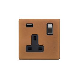 Soho Fusion Antique Copper & Brushed Chrome Single Pole 1 Gang USB Socket Black Insert Screwless Luxury Aged