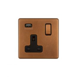 Soho Lighting Antique Copper 13A 1 Gang Double Pole Switched USB Socket (USB Output 2.1amp)