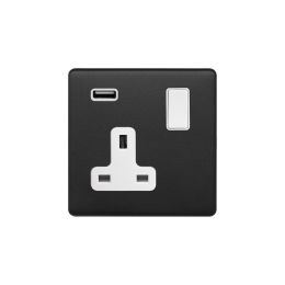 Soho Fusion Matt Black & White 13A 1 Gang DP USB Socket (USB 2.1amp) Screwless