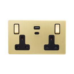 Soho Lighting Brushed Brass with Black Insert 13A 2 Gang Super Fast Charge 45W USB A+C Socket