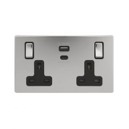 The Finsbury Collection Polished Chrome with Black Insert 13A 2 Gang Super Fast Charge 45W USB A+C Socket