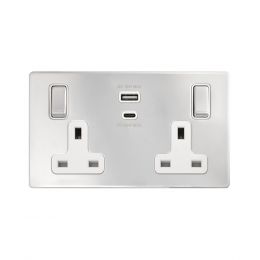 Soho Lighting Polished Chrome with White Insert 13A 2 Gang Super Fast Charge 45W USB A+C Socket