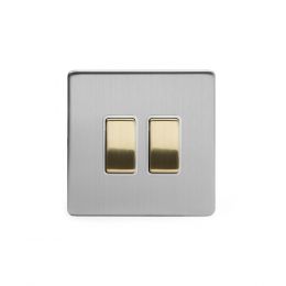 Soho Fusion Brushed Chrome & Brushed Brass 10A 2 Gang 2 Way Switch White Inserts Screwless