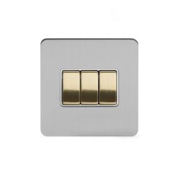 Soho Fusion Brushed Chrome & Brushed Brass 10A 3 Gang 2 Way Switch White Inserts Screwless