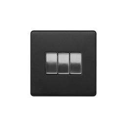 Soho Fusion Matt Black & Brushed Chrome 10A 3 Gang 2 Way Switch Black Insert Screwless