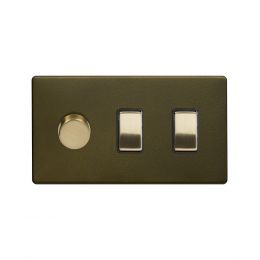 Soho Fusion Bronze with Brushed Brass 3 Gang Light Switch with 1 dimmer (2x 2 Way Switch & Trailing Dimmer) Screwless 