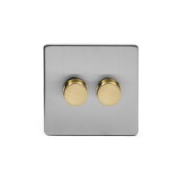 Soho Fusion Brushed Chrome & Brushed Brass 250W 2 Gang 2 Way Trailing Dimmer White Inserts Screwless