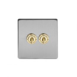 Soho Fusion Brushed Chrome & Brushed Brass 20A 2 Gang 2 Way Toggle Switch White Inserts Screwless