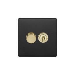 Soho Fusion Matt Black & Brushed Brass 2 Gang Dimmer and Toggle Switch Combo (1x150W LED Dimmer 1x20A 2 Way Toggle)