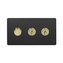 Soho Fusion Matt Black & Brushed Brass 3 Gang Switch with 1 Dimmer (1x150W LED Dimmer 2x20A 2 Way Toggle)