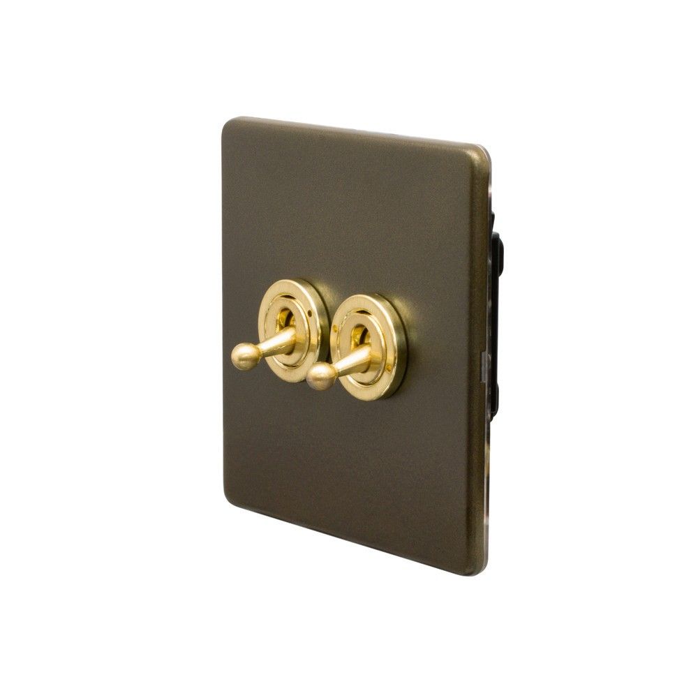 Soho Fusion Bronze & Brushed Brass 20A 2 Gang 2 Way Toggle Switch Black Inserts Screwless The