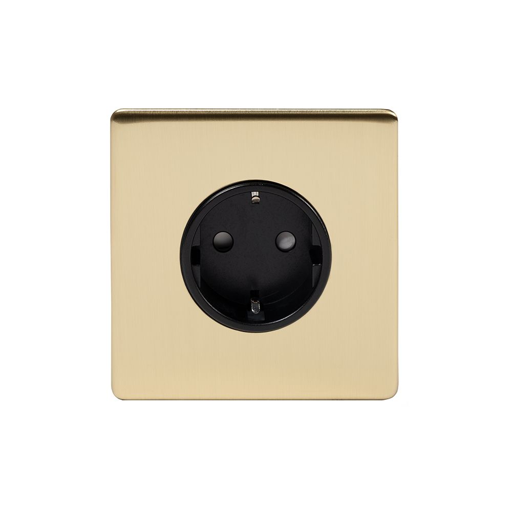 Single Schuko Socket Brushed Brass 16A 1 Gang Euro Socket Blk Ins