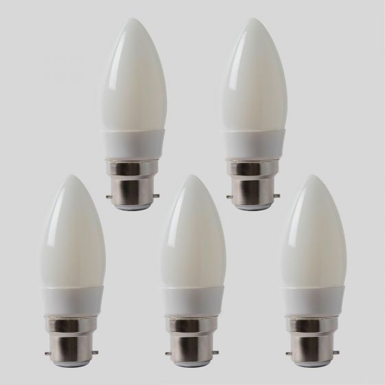 5 Pack - 4w B22 3000K Opal Dimmable LED Candle Bulb with white plastic