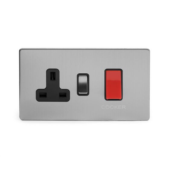 The Lombard Collection Brushed Chrome Luxury 45A Cooker control with Socket With Black Insert