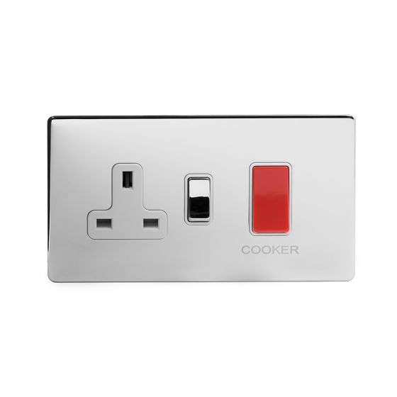 The Finsbury Collection Polished Chrome Luxury 45A Cooker control with Socket With White insert