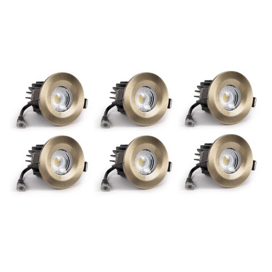 6 Pack - Antique Brass Fixed CCT Fire Rated LED Dimmable 10W IP65 Downlight