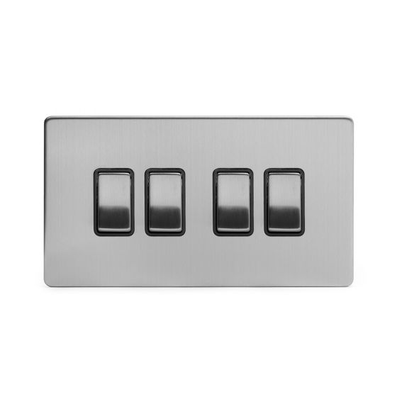 The Lombard Collection Brushed Chrome Luxury 10A 4 Gang 2 Way Switch with Black Insert