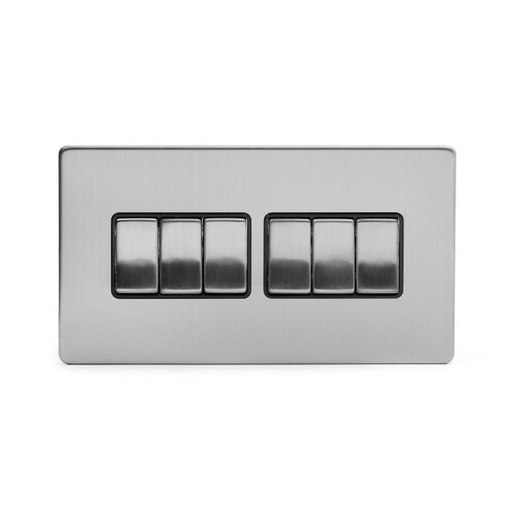 The Lombard Collection Brushed Chrome Luxury 10A 6 Gang 2 Way Switch with Black Insert