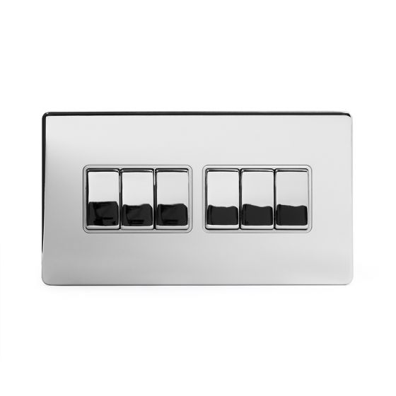The Finsbury Collection Polished Chrome 6 Gang 2 Way 10A Light Switch Wht Ins Screwless