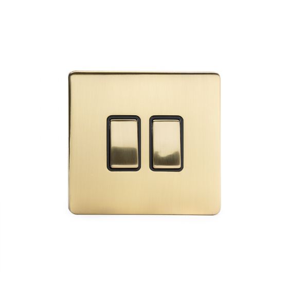 The Savoy Collection Brushed Brass 10A 2 Gang 2 Way Switch with Black Insert Screwless