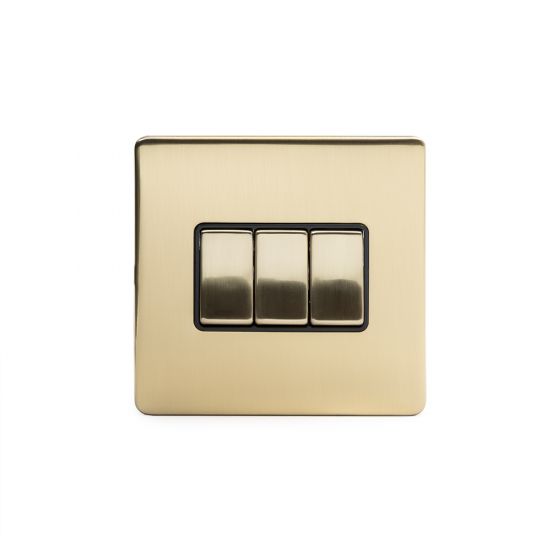The Savoy Collection Brushed Brass Period 10A 3 Gang 2 Way Switch with Black Insert