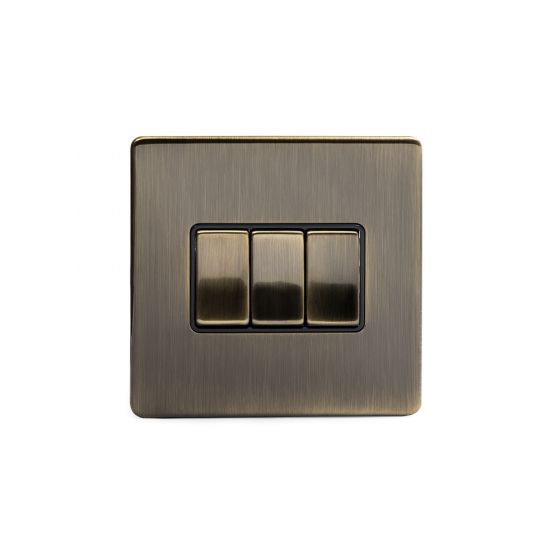The Charterhouse Collection Aged Brass 3 Gang 2 Way 10A Light Switch Blk Ins Screwless