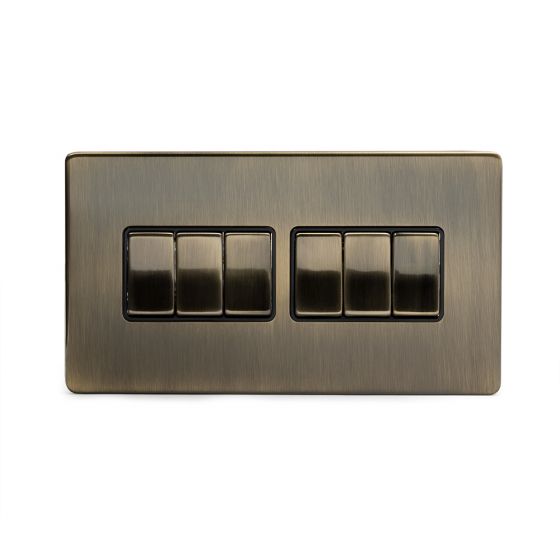 The Charterhouse Collection Aged Brass 10A 6 Gang 2 Way Switch with Black Insert