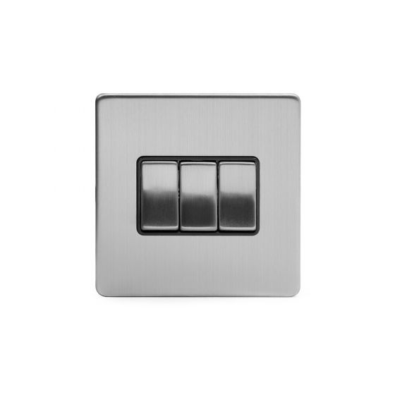 The Lombard Collection Brushed Chrome 3 Gang Intermediate Switch BLK Insert Screwless