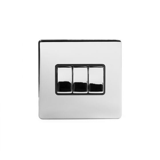 The Finsbury Collection Polished Chrome 3 Gang Intermediate switch Blk Ins Screwless
