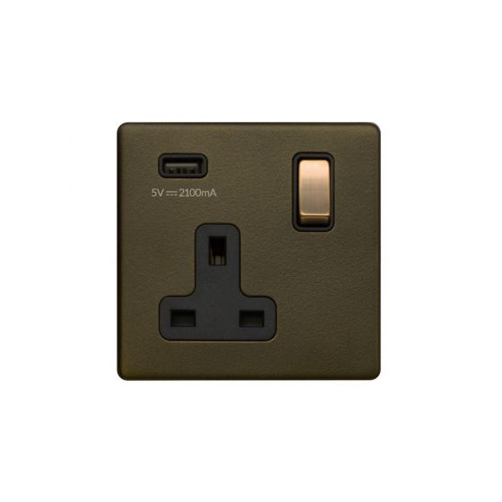 The Eton Collection Bronze 13A 1 Gang DP USB Socket (USB 2.1amp) Black Inserts Screwless
