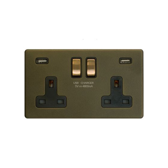 The Eton Collection Bronze 13A 2 Gang DP USB Socket (USB 4.8amp) Black Inserts Screwless