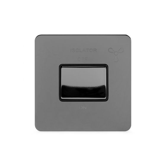 The Connaught Collection Flat Plate Black Nickel 10A 1 Gang 1 Way 3-Pole Fan Isolator Switch Blk Ins Screwless