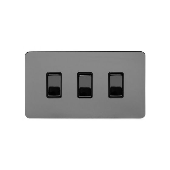 Soho Lighting Black Nickel Flat Plate 10A 3 Gang Switch on Double Plate 2 Way Blk Ins Screwless