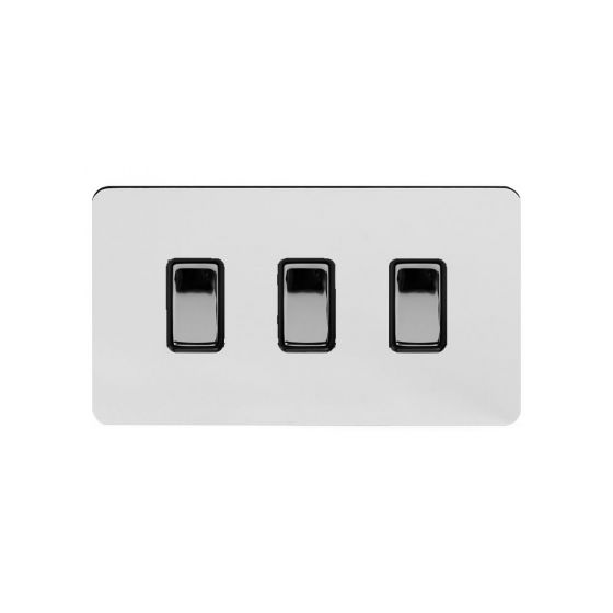 Soho Lighting Polished Chrome Flat Plate 10A 3 Gang Switch on Double Plate 2 Way Blk Ins Screwless