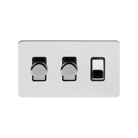 The Finsbury Collection Polished Chrome Flat Plate 3 Gang Light Switch with 2 Dimmers (1x2 Way Light Switch with 2x Trailing Edge Dimmer) Blk Ins Screwless