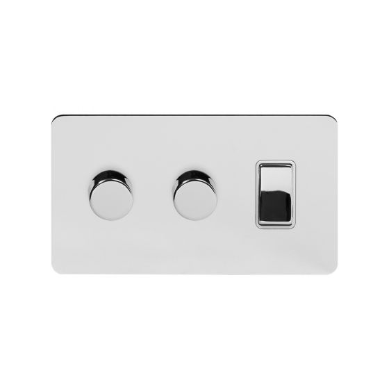 The Finsbury Collection Polished Chrome Flat Plate 3 Gang Light Switch with 2 Dimmers (1x2 Way Light Switch with 2x Trailing Edge Dimmer) Wht Ins Screwless