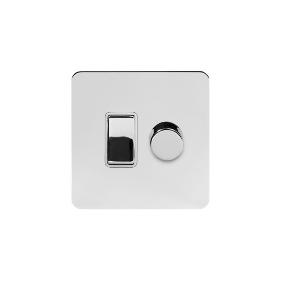 The Finsbury Collection Polished Chrome Flat Plate Dimmer and Rocker Switch Combo wht Ins Screwless (2 Way Switch & Trailing Dimmer)