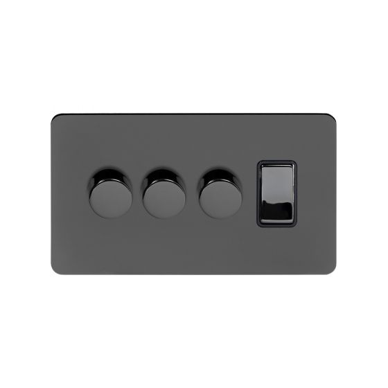 Soho Lighting Black Nickel Flat Plate 4 Gang Switch with 3 Dimmers (3x150W LED Dimmer 1x20A Switch)