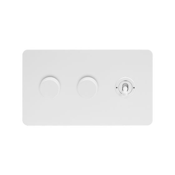 Soho Lighting White Metal Flat Plate 3 Gang Switch with 2 Dimmers (2x150W LED Dimmer 1x20A 2 Way Toggle)