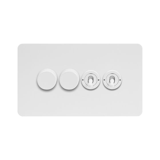 Soho Lighting White Metal Flat Plate 4 Gang Switch with 2 Dimmers (2x150W LED Dimmer 2x20A 2 Way Toggle)