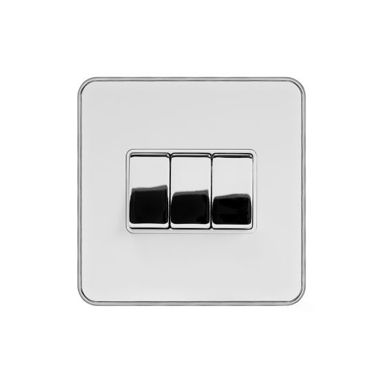 Soho Fusion White & Polished Chrome With Chrome Edge 10A 3 Gang 2 Way Switch White Inserts Screwless