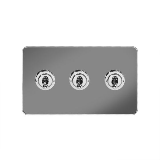 Soho Fusion Black Nickel & Polished Chrome With Chrome Edge 20A 3 Gang Intermediate Toggle Screwless