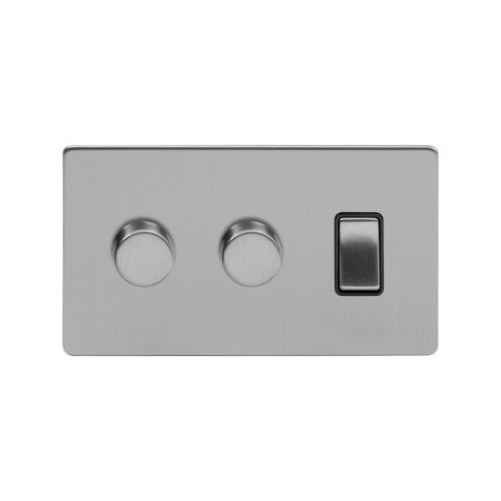 Soho Lighting Brushed Chrome 3 Gang Light Switch with 2 Dimmers (2 Way Switch & 2x Trailing Dimmer) Blk Ins Screwless