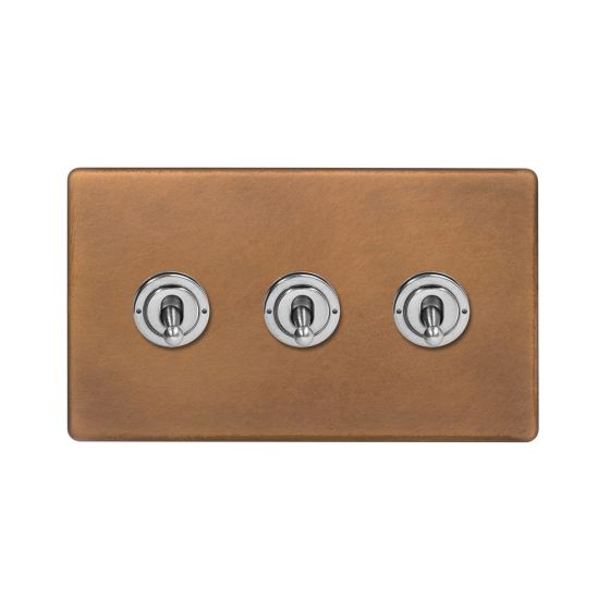 Soho Fusion Antique Copper & Brushed Chrome 20A 3 Gang 2 Way Toggle Switch Screwless