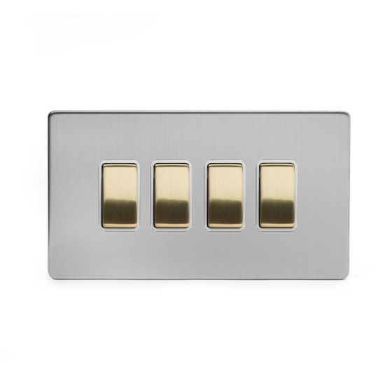 Soho Fusion Brushed Chrome & Brushed Brass 20A 4 Gang 2 Way Switch White Inserts Screwless