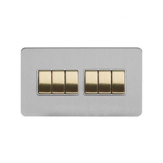 Soho Fusion Brushed Chrome & Brushed Brass 10A 6 Gang 2 Way Switch White Inserts Screwless