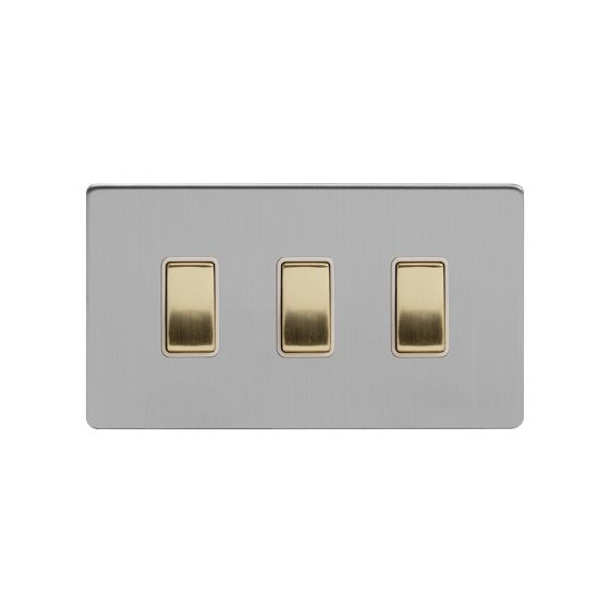 Soho Fusion Brushed Chrome & Brushed Brass 10A 3 Gang Switch on Double Plate 2 Way Screwless 