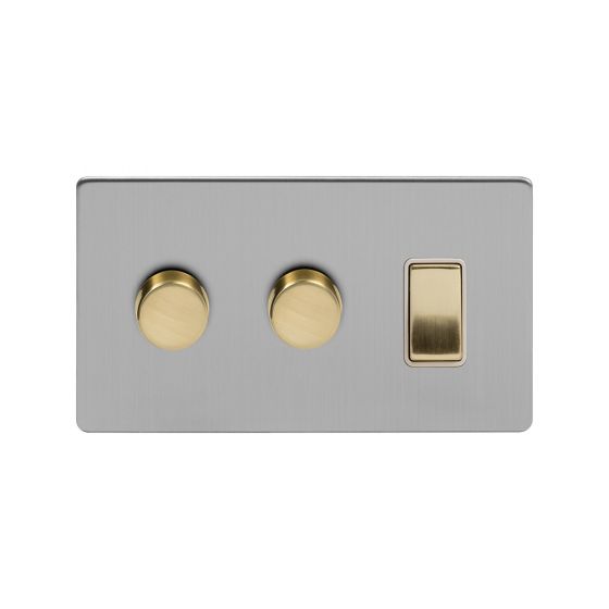 Soho Fusion Brushed Chrome & Brushed Brass 3 Gang Light Switch with 2 Dimmers (2 Way Switch & 2x Trailing Dimmer) Screwless 